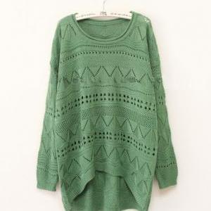 Green Curved Hum Knit Holey Texture Sweater