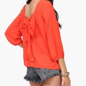 Casual Chiffon Blouses Top With Bow On Back In Red