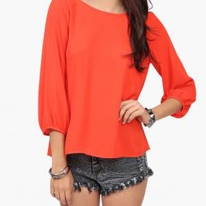 Casual Chiffon Blouses Top With Bow On Back In Red