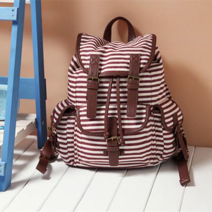 Stripes Printed Backpack With Double Buckles..