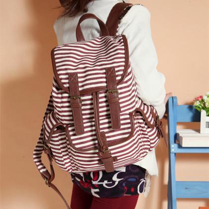 Stripes Printed Backpack With Double Buckles..