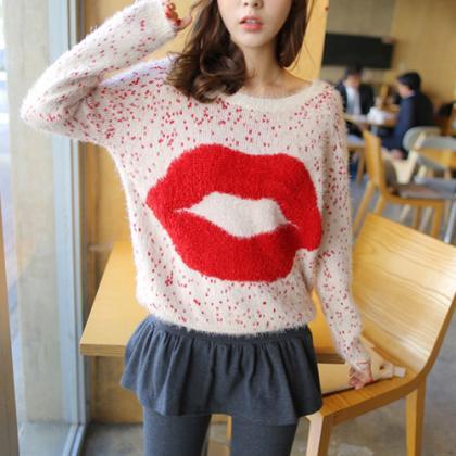 Sweet Contrast Color Red Lips Pattern Round Neck..