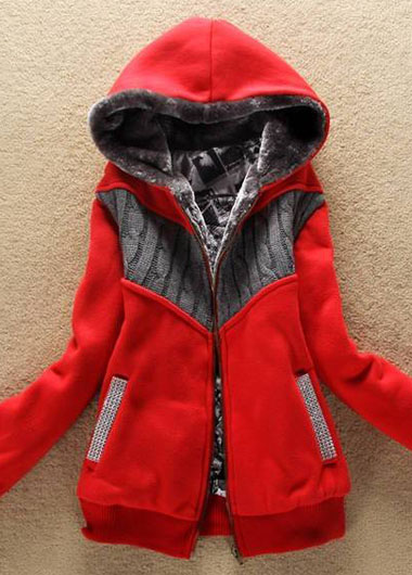 Fashion Hooded Collar Woman Coat With Zip - Red