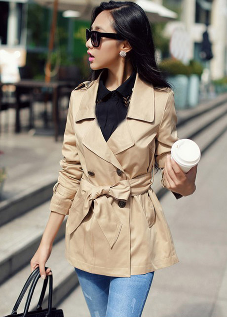 Women Essential Trench Coat With Belt For Autumn Spring - Khaki