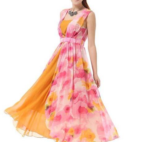 Women Pink Floral Paned Orange Sleeveless Maxi Dress on Luulla